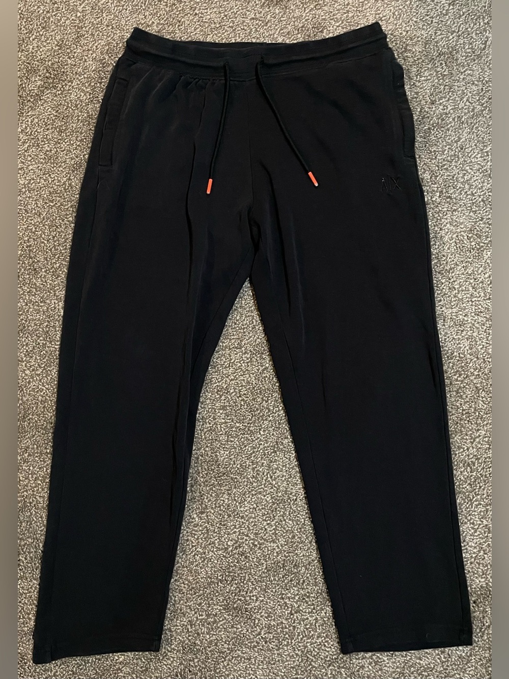 Armani Exchange Men's Black Jogger Pants with Subtle Orange Accents & Embroidery